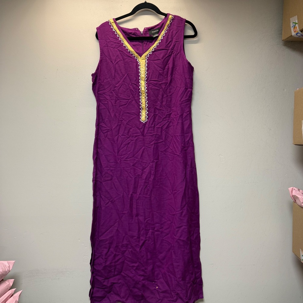 Ashro Maxi Dress Womens 12 Purple Excellent Embroidered V-Neck Sleeveless Slit